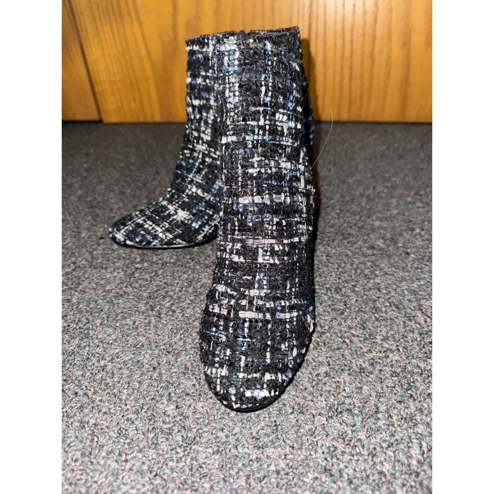 Vanessa Wu Women Tweed Ankle Boots Black Blue White Block Heel Size 37 NWOT